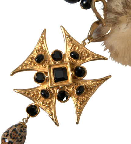 Dolce & Gabbana Gold Black Crystals Lapin Fur Filigree Chocker Necklace