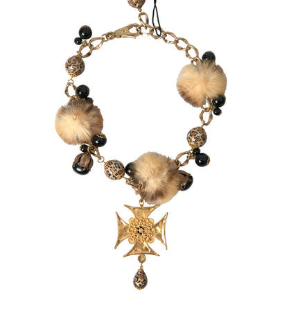 Dolce & Gabbana Gold Black Crystals Lapin Fur Filigree Chocker Necklace