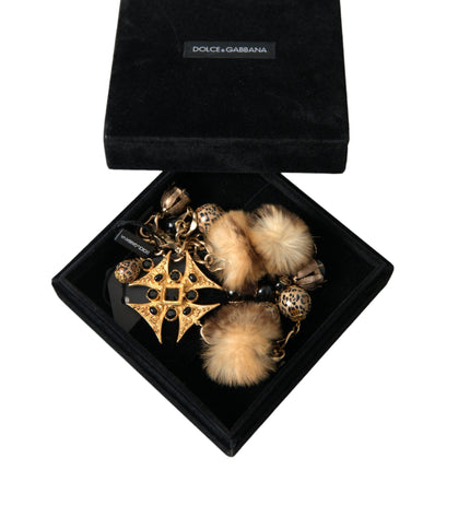 Dolce & Gabbana Gold Black Crystals Lapin Fur Filigree Chocker Necklace