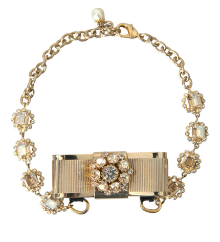 Dolce & Gabbana Gold Brass Clear Crystal Bow Chain Choker Necklace