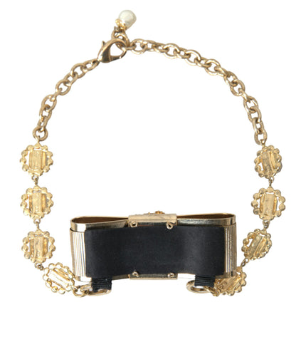 Dolce & Gabbana Gold Brass Clear Crystal Bow Chain Choker Necklace