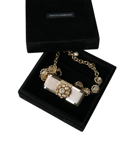 Dolce & Gabbana Gold Brass Clear Crystal Bow Chain Choker Necklace