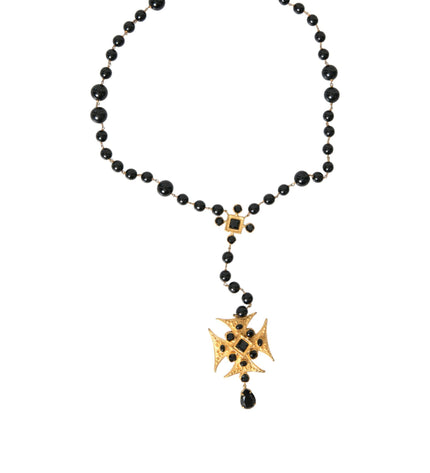 Dolce & Gabbana Gold Tone Brass Cross Black Beaded Chain Rosary Necklace