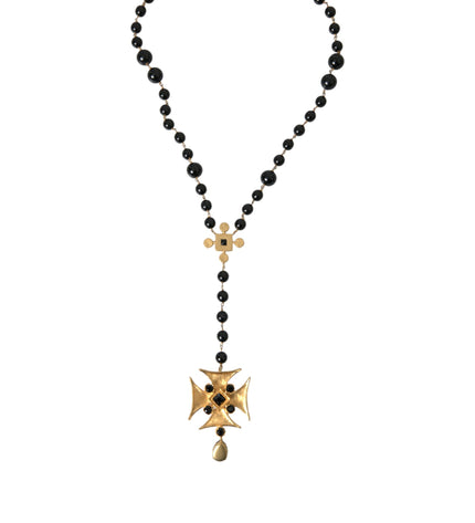 Dolce & Gabbana Gold Tone Brass Cross Black Beaded Chain Rosary Necklace