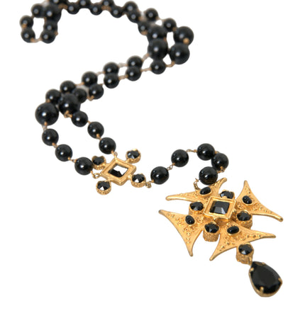 Dolce & Gabbana Gold Tone Brass Cross Black Beaded Chain Rosary Necklace