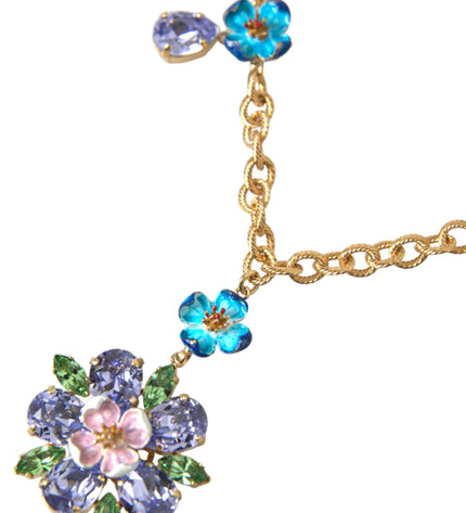 Dolce & Gabbana Gold Brass Chain Crystal Floral Pendant Charm Necklace