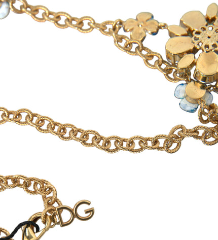 Dolce & Gabbana Gold Brass Chain Crystal Floral Pendant Charm Necklace