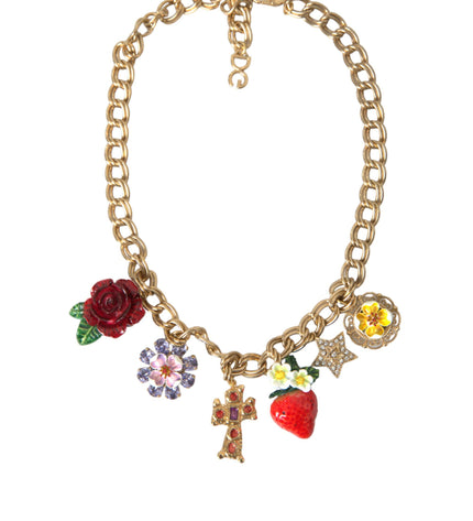 Dolce &amp; Gabbana Collana con ciondolo stella fragola e croce rosa con catena in oro