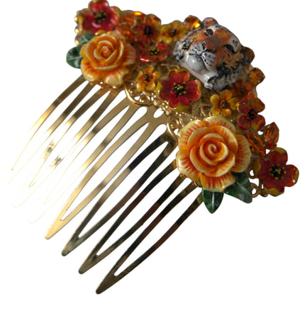 Dolce & Gabbana Gold Brass Crystal Leopard Floral Hair Comb