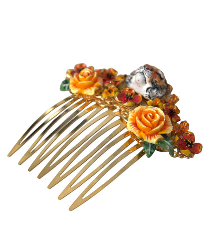 Dolce & Gabbana Gold Brass Crystal Leopard Floral Hair Comb