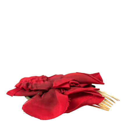 Dolce & Gabbana Red Silk Floral Gold Brass Women Hair Comb