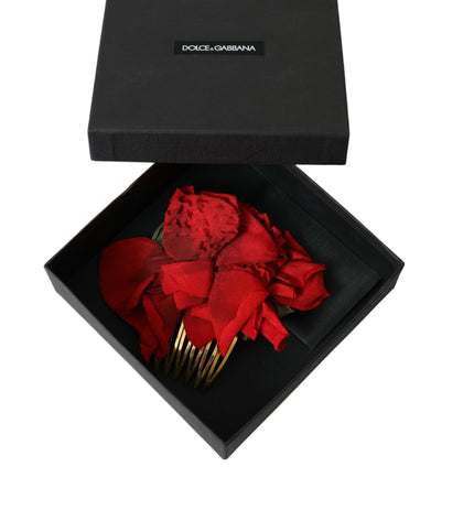 Dolce & Gabbana Red Silk Floral Gold Brass Women Hair Comb