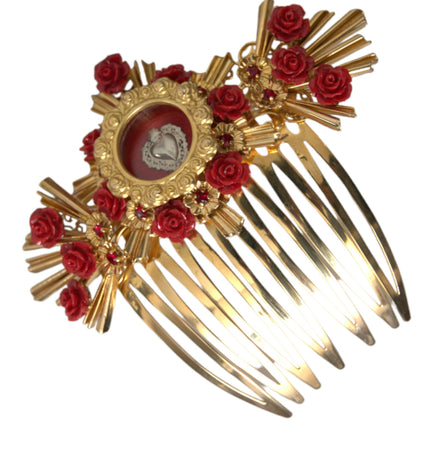 Dolce & Gabbana Gold Brass Crystal Heart Floral Hair Comb