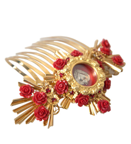 Dolce & Gabbana Gold Brass Crystal Heart Floral Hair Comb