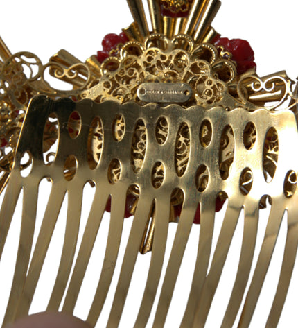 Dolce & Gabbana Gold Brass Crystal Heart Floral Hair Comb