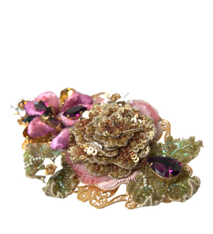 Dolce & Gabbana Gold Brass Floral Crystal Sequined Hair Clip