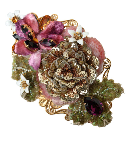 Dolce & Gabbana Gold Brass Floral Crystal Sequined Hair Clip