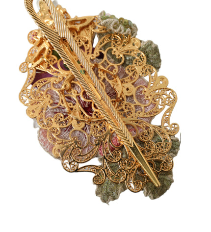 Dolce & Gabbana Gold Brass Floral Crystal Sequined Hair Clip