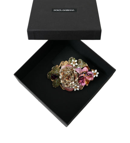 Dolce & Gabbana Gold Brass Floral Crystal Sequined Hair Clip