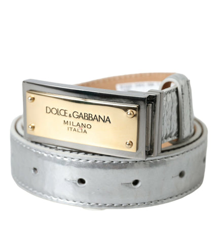 Dolce & Gabbana Silver Leather Metal Logo Buckle Belt Men