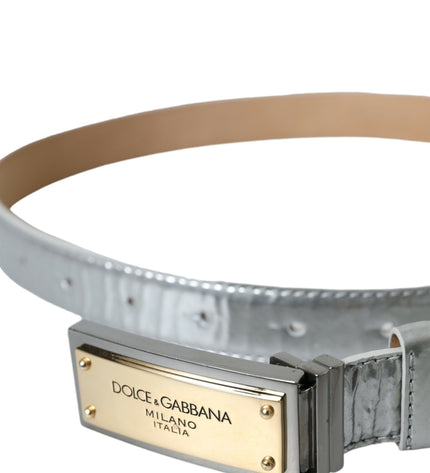 Dolce & Gabbana Silver Leather Metal Logo Buckle Belt Men