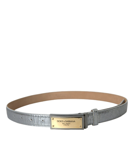 Dolce & Gabbana Silver Leather Metal Logo Buckle Belt Men