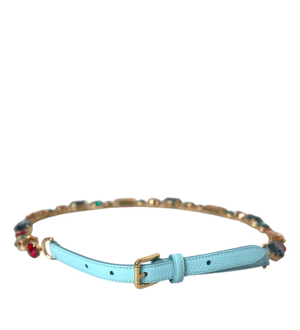 Dolce & Gabbana Light Blue Leather Crystal Chain Waist Belt