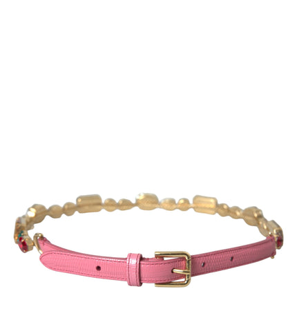 Dolce & Gabbana Pink Leather Crystal Chain Embellished Belt