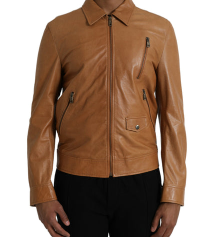 Dolce & Gabbana Brown Lamb Leather Full Zip Blouson Jacket