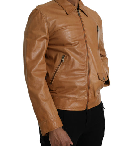 Dolce & Gabbana Brown Lamb Leather Full Zip Blouson Jacket