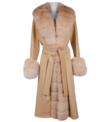 Made in Italy Elegant Beige Wool Coat with Fox Fur Trim