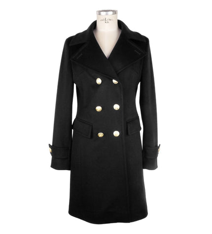 Made in Italy Elegant Black Woolen Coat with Gold Buttons