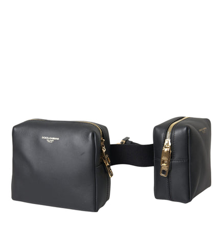 Dolce & Gabbana Black Calfskin Leather Double Waist Belt Fanny Pack Bag