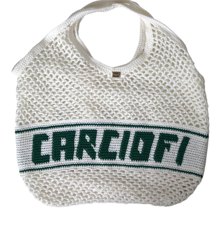 Dolce & Gabbana White Green Knitted Cotton Logo Shopping Tote Bag