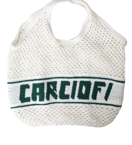 Dolce & Gabbana White Green Knitted Cotton Logo Shopping Tote Bag