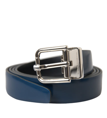 Dolce & Gabbana Blue Calf Leather Silver Metal Buckle Belt Men