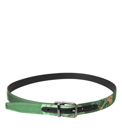 Dolce & Gabbana Green Leather Jacquard Silver Metal Buckle Belt