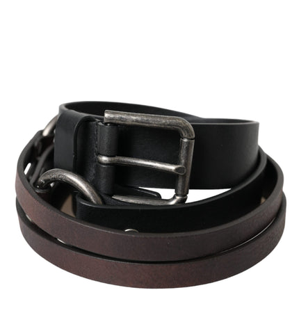 Dolce & Gabbana Black Brown Leather Silver Metal Buckle Belt