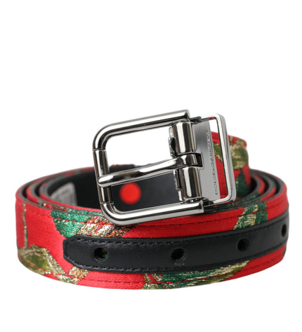 Dolce & Gabbana Red Leather Jacquard Silver Metal Buckle Belt