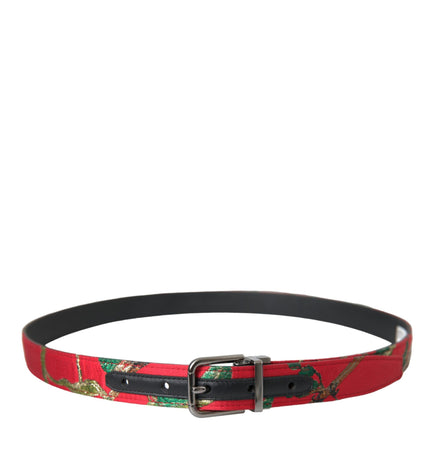 Dolce & Gabbana Red Leather Jacquard Silver Metal Buckle Belt