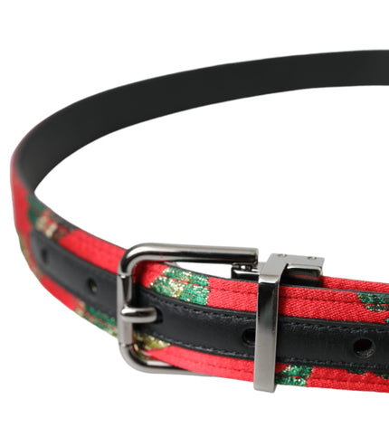 Dolce & Gabbana Red Leather Jacquard Silver Metal Buckle Belt