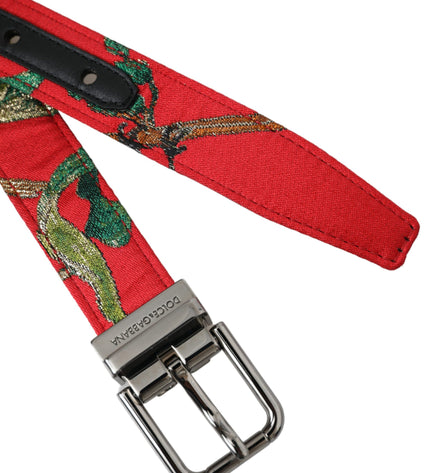 Dolce & Gabbana Red Leather Jacquard Silver Metal Buckle Belt