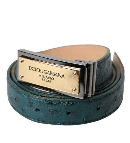 Dolce & Gabbana Green Leather Gold Logo Engraved Buckle Belt