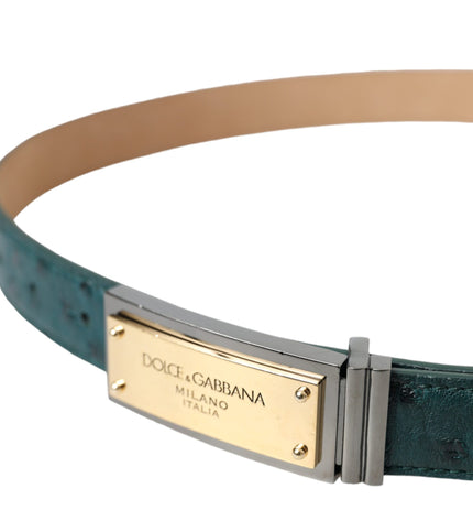 Dolce & Gabbana Green Leather Gold Logo Engraved Buckle Belt