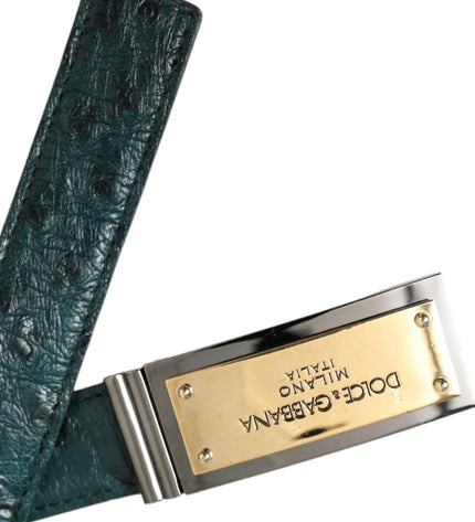 Dolce & Gabbana Green Leather Gold Logo Engraved Buckle Belt