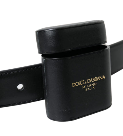 Dolce & Gabbana Black Leather Airpods Case Silver Buckle Belt