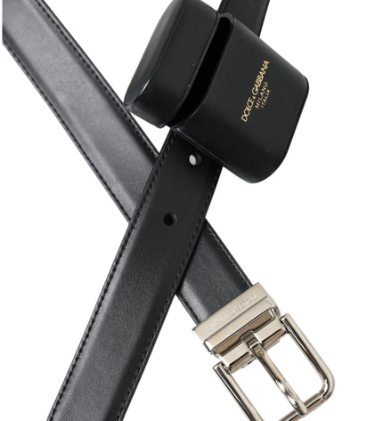 Dolce & Gabbana Black Leather Airpods Case Silver Buckle Belt