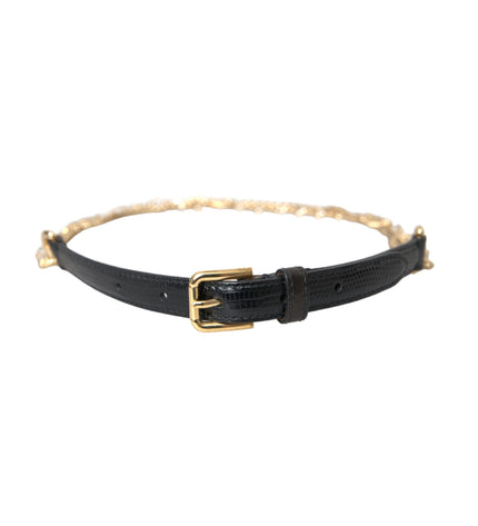 Dolce & Gabbana Black Leather Gold Chain Crystal Waist Women Belt