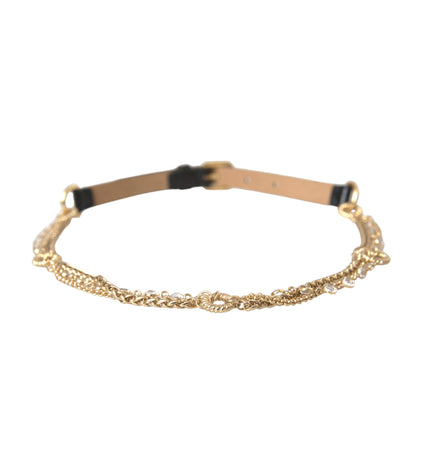 Dolce & Gabbana Black Leather Gold Chain Crystal Waist Women Belt