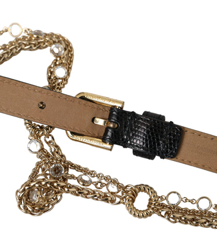 Dolce & Gabbana Black Leather Gold Chain Crystal Waist Women Belt